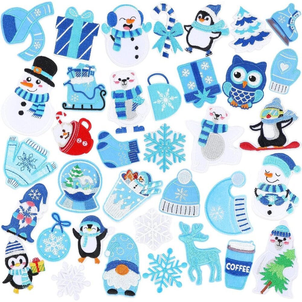 36pcs Winter Iron On Patches Xmas Embroidered Sew Applique Repair Patch Cute Sno